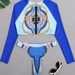 Floral Long Sleeve Zipper Backless Brazilian Wetsuit