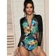 Stylish Deep V-Neck Long Sleeve Split-Joint Mesh Sexy Slim One-Piece Wetsuit Swimwear Stylish Deep V-Neck Long Sleeve Split-Joint Mesh Sexy Slim One-Piece Wetsuit Swimwear
