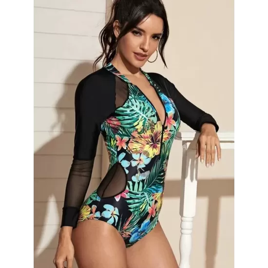 Stylish Deep V-Neck Long Sleeve Split-Joint Mesh Sexy Slim One-Piece Wetsuit Swimwear Stylish Deep V-Neck Long Sleeve Split-Joint Mesh Sexy Slim One-Piece Wetsuit Swimwear