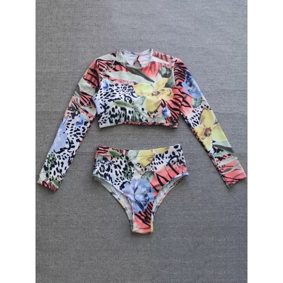 Floral Long Sleeveless Backless High-Waisted Rash Guards Floral Long Sleeveless Backless High-Waisted Rash Guards