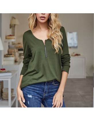 Beauty-style T-shirt with hollow back, front middle zipper, V-neck and solid color casual top