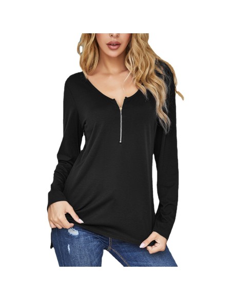 Beauty-style T-shirt with hollow back, front middle zipper, V-neck and solid color casual top