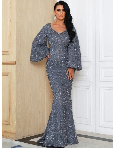 Fashion V-neck bag hip sequined European and American dress waist trumpet sleeve long section