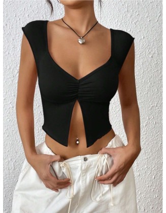 Summer new pleated sexy slim deep V-slit navel shirt T-shirt female