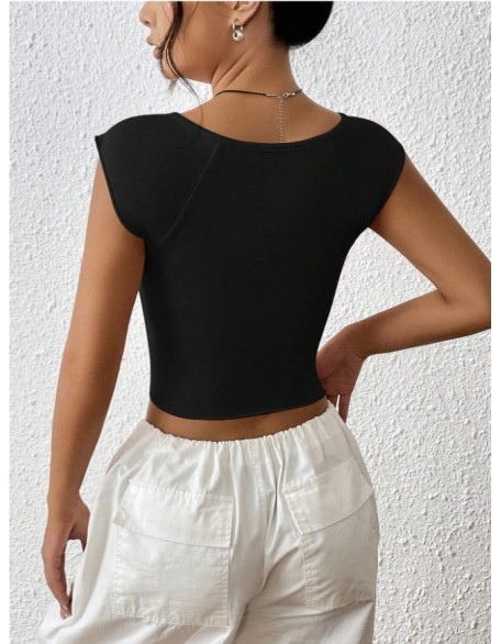 Summer new pleated sexy slim deep V-slit navel shirt T-shirt female