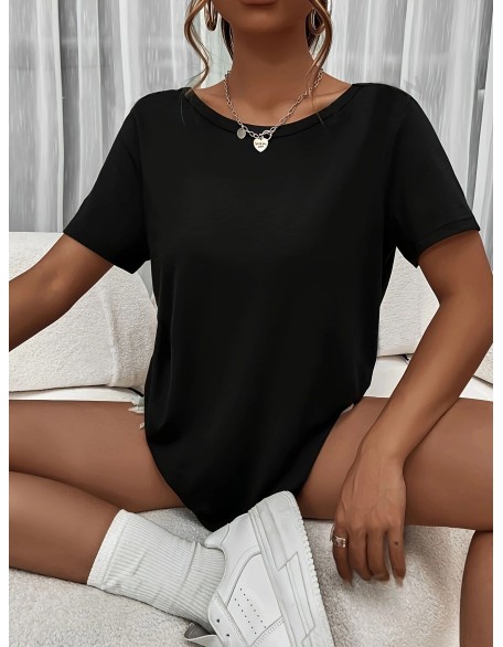 Women's blouse is loose and casual, black back is hollowed out, and short-sleeved T-shirt is designed